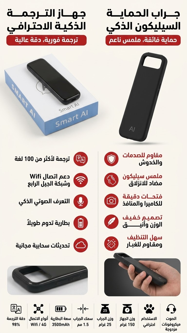 1791047105379 جهاز الترجمة الذكية الاحترافي (Smart AI) مع جراب الحماية السيليكون الذكي - الصورة 1